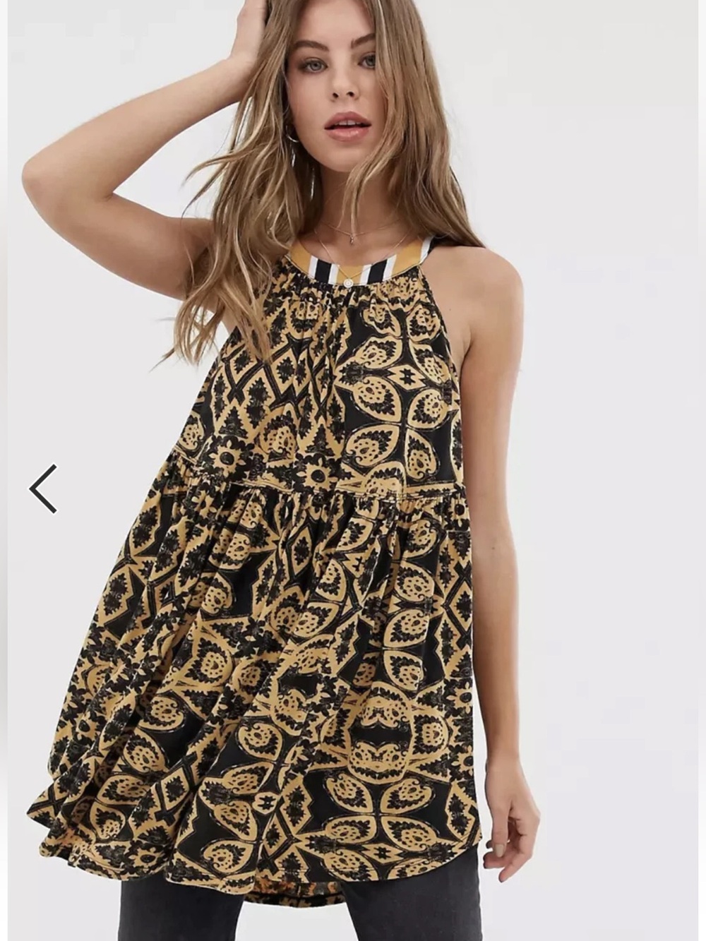 Free People Mimi High Neck Swing Tunic XS Gold Black Boho Print